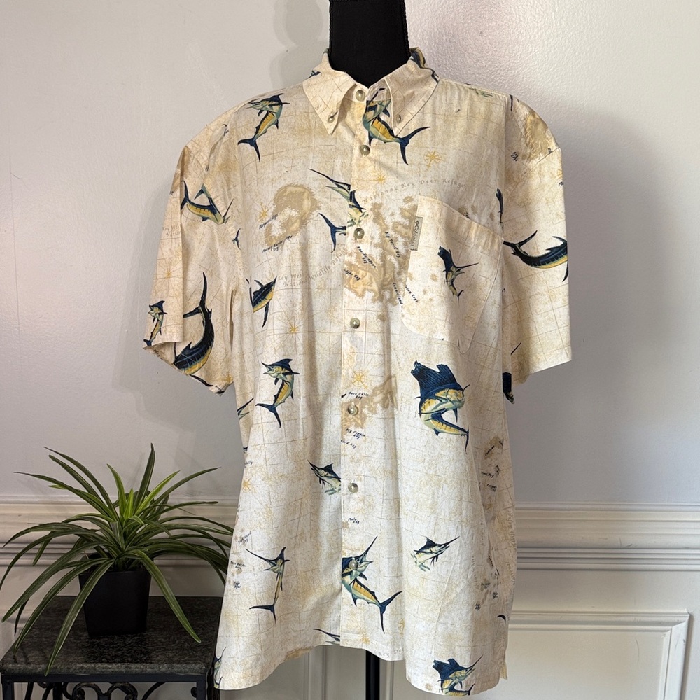 NWOT Columbia River Lodge Beige Marlin Key West Map Print Short Sleeve Shirt XL